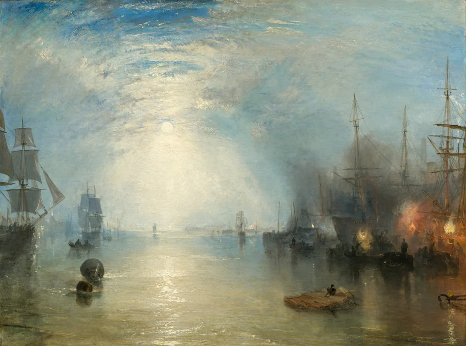 Oil painting: a full moon glows through a tunnel of clouds above a calm river; tall ships stand in silhouette and torches burn on barges to the right.